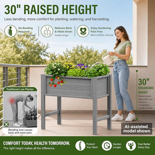 YEFU 34" Small Garden Planter, Wood-Look HIPS Compact Planter Box, Grey | Small Garden Planter for Balconies, Patios & Porches, Wood-Look HIPS, 30" Height, Drainage, 385 lbs Support for Herbs