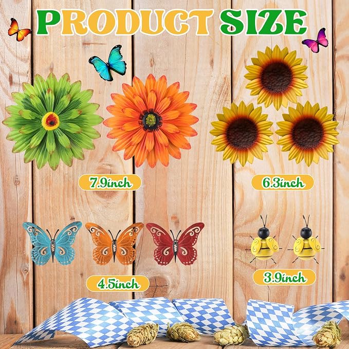 Therwen 10 Pcs Metal Wall Art Decor for Outside 3D Metal Sunflower Bee Butterfly Backyard Decorations Hanging Outdoor Wall Art Multicolored Flowers for Garden Fence Patio Yard Outdoor Porch
