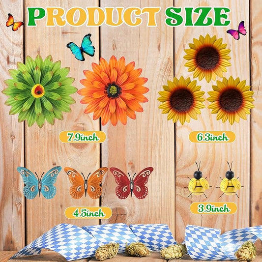 Therwen 10 Pcs Metal Wall Art Decor for Outside 3D Metal Sunflower Bee Butterfly Backyard Decorations Hanging Outdoor Wall Art Multicolored Flowers for Garden Fence Patio Yard Outdoor Porch