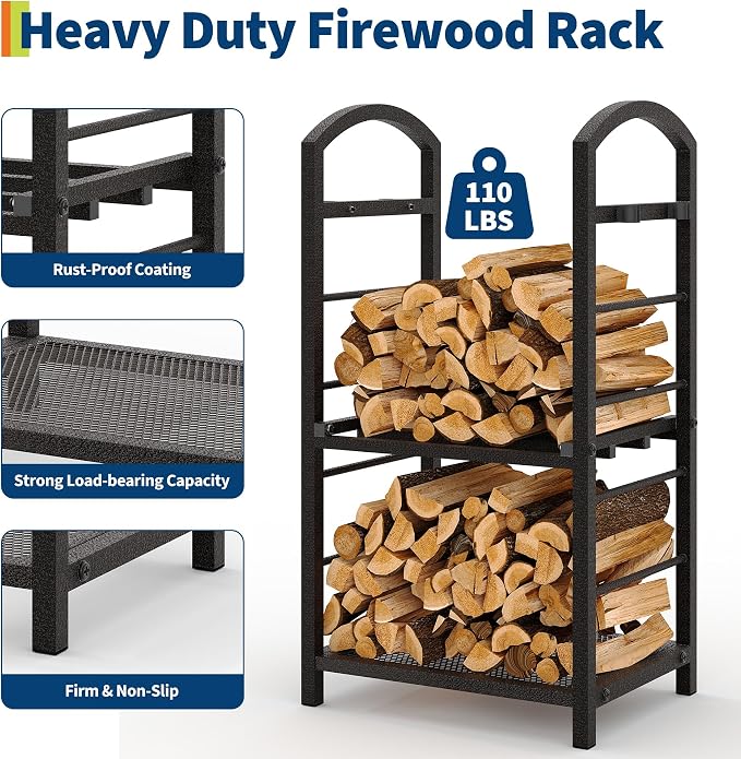GarveeLife 30 Inch Firewood Rack Outdoor Indoor, High Outdoor Wood Racks for Firewood, Fire Wood Storage with Kindling Hooks, Large Metal Fireplace Log Rack Storage Carrier Organizer, Copper