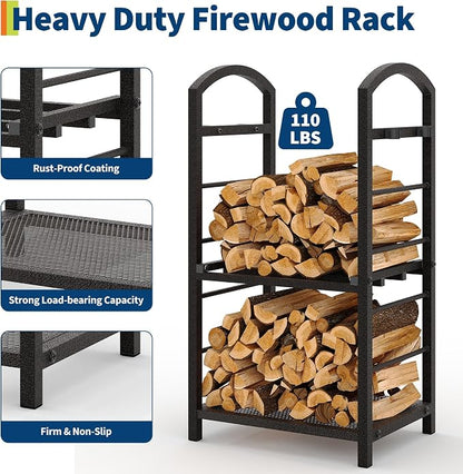 GarveeLife 30 Inch Firewood Rack Outdoor Indoor, High Outdoor Wood Racks for Firewood, Fire Wood Storage with Kindling Hooks, Large Metal Fireplace Log Rack Storage Carrier Organizer, Copper