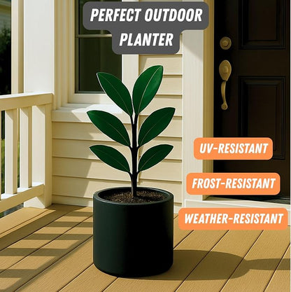 Fox & Fern Large Indoor Planter, Modern Large Plant Pot for Indoor or Outdoor, UV and Frost Resistant - 8 Inch, Matte Black Flower Pot with Drainage Plug, Lightweight