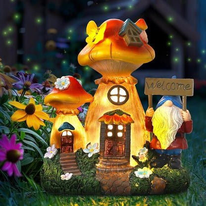 Json Solar Garden Statue Lights Mushroom Fairy House Figurine, Outdoor Memorial Garden Ornaments Waterproof Decoration for Fairy Garden,Outside Patio Yard Lawn Pathway Decor
