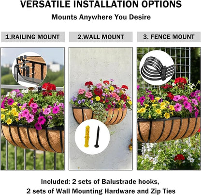 16“ Window Box Railing Planter with Coco Liner Metal Wall-Mounted Coconut Liner Planter Basket English Horse Trough Planters for Outdoor Deck Balcony Porch Fence Patio Black (2 Pack)