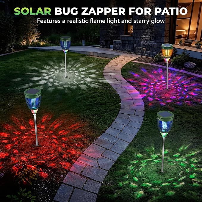 Solar Bug Zapper Outdoor Waterproof with Flame Effect Light, 10 Starry Ambient Light with Breathing Effect Height Adjustable with Ground Stake for Patio, Garden, Yard & Pathway (Green)