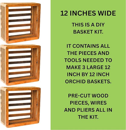 Orchid Basket Making Kit for 3 Strong 12 Inches Wide Hanging Orchid Baskets for Outdoors with Hangers, for Orchids, Staghorn Ferns, Handmade Rustic Wood Vanda Baskets, Staghorn Fern Mount