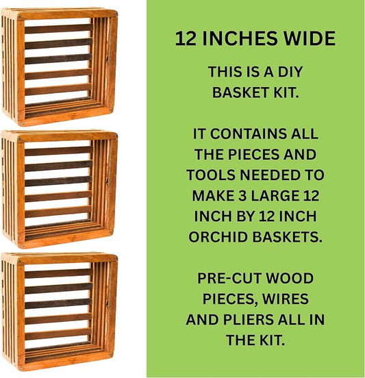Orchid Basket Making Kit for 3 Strong 12 Inches Wide Hanging Orchid Baskets for Outdoors with Hangers, for Orchids, Staghorn Ferns, Handmade Rustic Wood Vanda Baskets, Staghorn Fern Mount