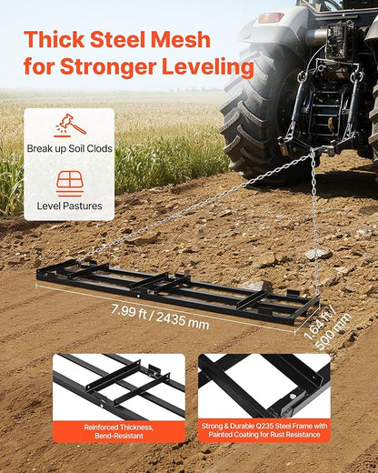 VEVOR Drag Harrow, 96 x 20 in, Tow-Behind Driveway Grader with Adjustable Width & 50lbs Load Capacity, Heavy Duty Lawn Leveling Rake, Galvanized Steel Gravel Driveway Drag, Fits ATVs UTVs Tractors