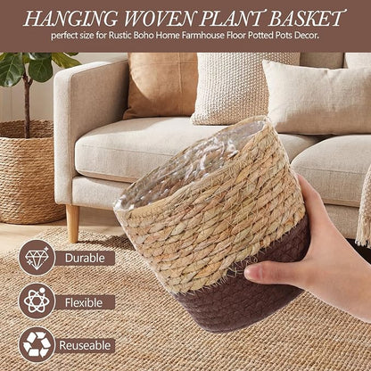 6 Pcs Seagrass Hanging Planter Basket Hand Woven Plant Basket with Plastic Liners Hanging Plant Holder Storage Containers with Cotton Rope for Indoor Garden Decor (Small,Brown,Coffee Brown)