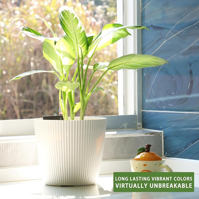 Dexceder 11x10 Self Watering Planters Indoor (2 Pack, White) | Inner Mat Design, Table Flower Plant Pot with Water Level Indicator