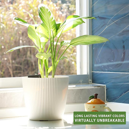 Dexceder 11x10 Self Watering Planters Indoor (2 Pack, White) | Inner Mat Design, Table Flower Plant Pot with Water Level Indicator