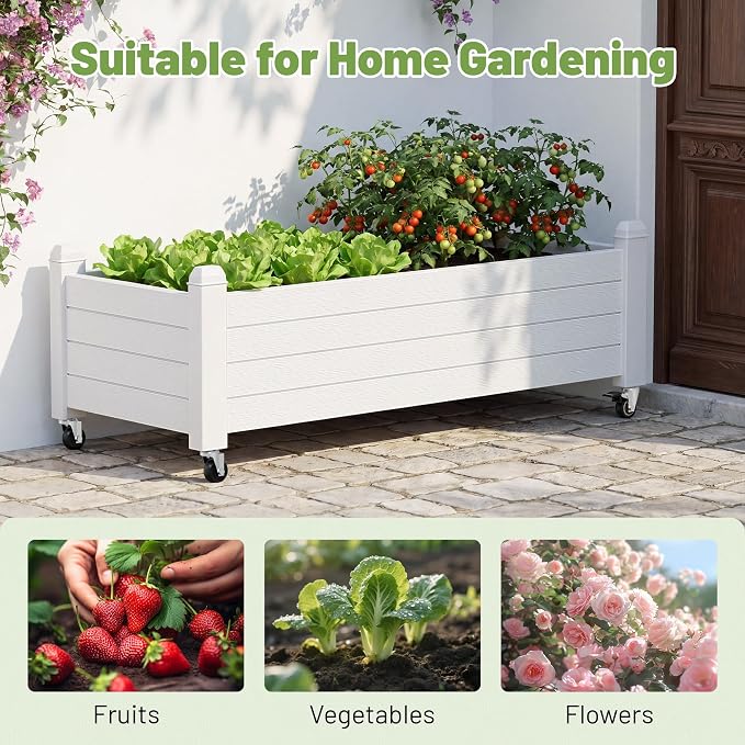 Fancyango Raised Garden Bed with Wheels 13.3" Hx2 -Ashen | Resin Elevated Garden Planter Box with Drainage, Outdoor Planter Box for Veggies Herbs Patio Balcony Backyard