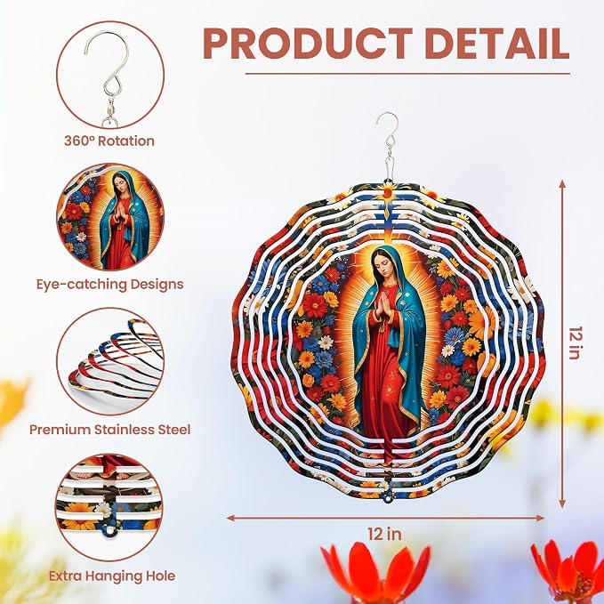 FLAGWIX Christian Gifts for Women Faith - Virgen de Guadalupe 3D Stainless Steel Metal Wind Spinners 12 in - Our Lady of Guadalupe Wind Spinner Outdoor, Religious Gifts for Mom Grandma