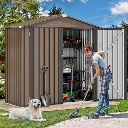 DWVO 6x4ft Metal Outdoor Storage Shed, Waterproof Tool Shed Heavy-Duty Storage Unit with Lockable Door and Vents, Ideal for Bicycles, Tools, Lawnmowers, Backyards, Patios, Lawns - Brown