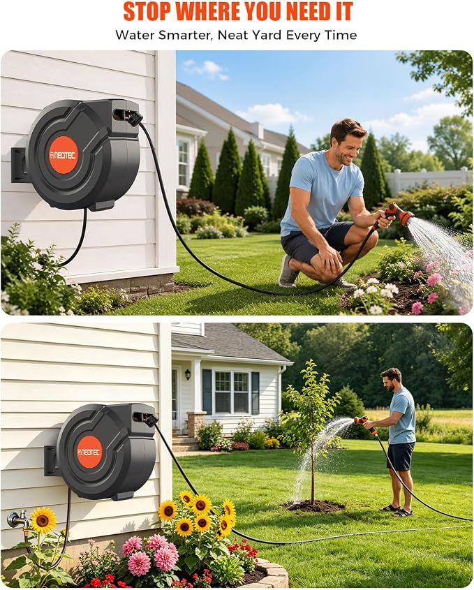 130FT Retractable Garden Hose Reel 1/2 Inch, Heavy Duty Wall Mounted Water Hose with Metal Bracket, Auto-Lock, Slow Return, 180° Swivel & 9-Pattern Spray Nozzle, UV Resistant Outdoor