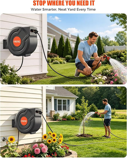 130FT Retractable Garden Hose Reel 1/2 Inch, Heavy Duty Wall Mounted Water Hose with Metal Bracket, Auto-Lock, Slow Return, 180° Swivel & 9-Pattern Spray Nozzle, UV Resistant Outdoor