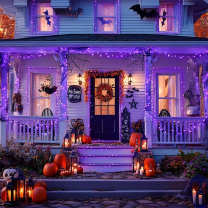JMEXSUSS 2 Pack Solar Halloween Lights, Total 151FT 400 LED, Purple | Outdoor Waterproof, 8 Modes Solar String Lights for Outside Patio Christmas Tree Garden Yard Halloween Decorations