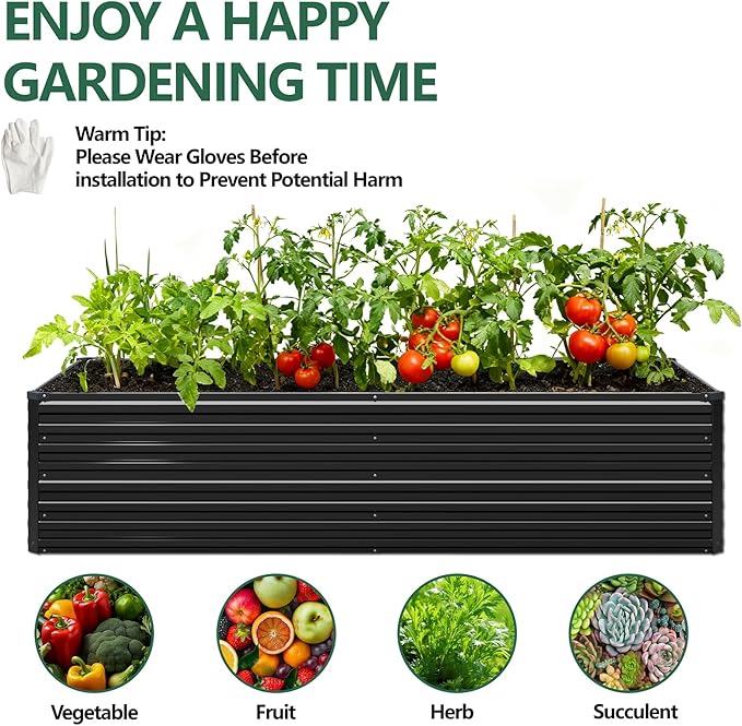 Vengarus 8x4x2ft Galvanized Raised Garden Bed,Metal Raised Beds Kit Black | 2FT Deep Root Elevated Garden Planter Box, Corrugated Steel, Open Bottom, Rustproof All Weather, Large Vegetable Flower Bed