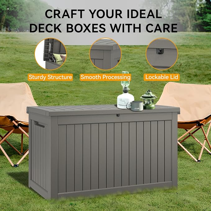 NUNU LAB 270 Gallon Large Resin Deck Box, Waterproof Outdoor Storage Box, Lockable Storage Bin for Patio Furniture, Garden Tools, Pool Accessories, UV-Resistant & All-Weather, Grey