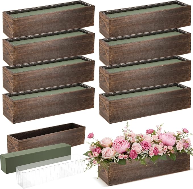 Sintuff 8 Set Rectangle Wooden Planters, 17 x 4 Inch Wood Boxes with Removable Plastic Liner & Floral Foam Blocks, Rustic Wood Planter for DIY Centerpieces Home Wedding Garden Bookshelf Decor(Brown)