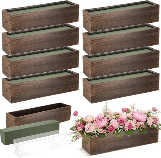 Sintuff 8 Set Rectangle Wooden Planters, 17 x 4 Inch Wood Boxes with Removable Plastic Liner & Floral Foam Blocks, Rustic Wood Planter for DIY Centerpieces Home Wedding Garden Bookshelf Decor(Brown)