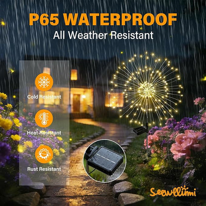 Solar Garden Lights Outdoor Decor Waterproof, 4Pack 120LED Firework Lights for Garden Decorative, Fairy Lights Solar Powered for Yard, Patio,Pathway,Flowerbed,Planter,Party(Warm White)