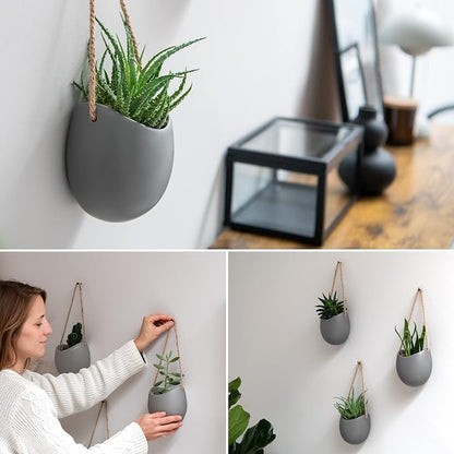Kazai. Wall Planters -Ellie- | Hanging Ceramic Plant Pots 3 Pieces | Wall Decoration for Indoors, Balcony and Garden | Gray (Matte)