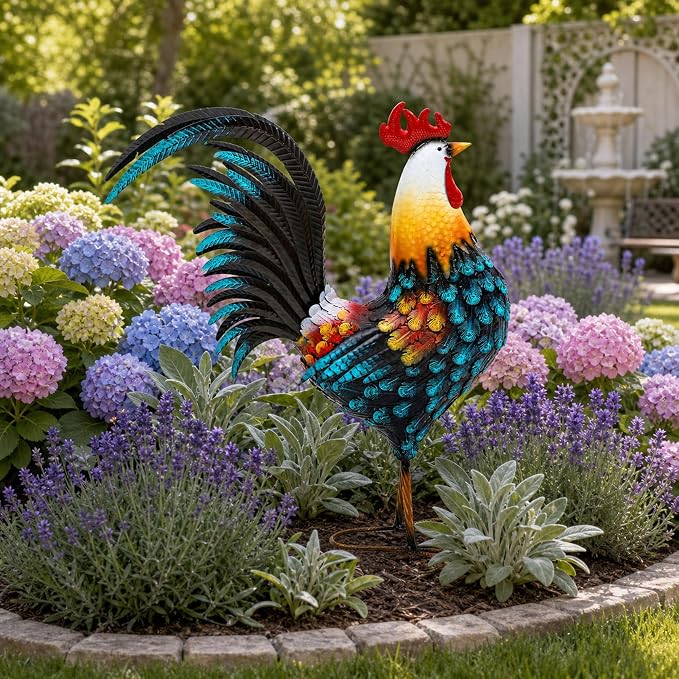 32" Majestic Metal Rooster Yard Decor, Large Outdoor Garden Statue | Outdoor Chicken Sculpture, 3D Hand-Painted, Rustic Farmhouse Style, Weather Resistant Iron, Backyard Patio Lawn Garden