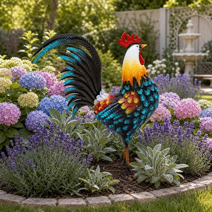 32" Majestic Metal Rooster Yard Decor, Large Outdoor Garden Statue | Outdoor Chicken Sculpture, 3D Hand-Painted, Rustic Farmhouse Style, Weather Resistant Iron, Backyard Patio Lawn Garden