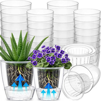 36 Pcs Self Watering Pots 3.5 Inch, 4.3 Inch Plastic Flower Plant Pot with Inner Pot Self Watering Wick Planter White Clear Flower Pots for Indoor House Plants Herbs, Flowers, (Transparent)
