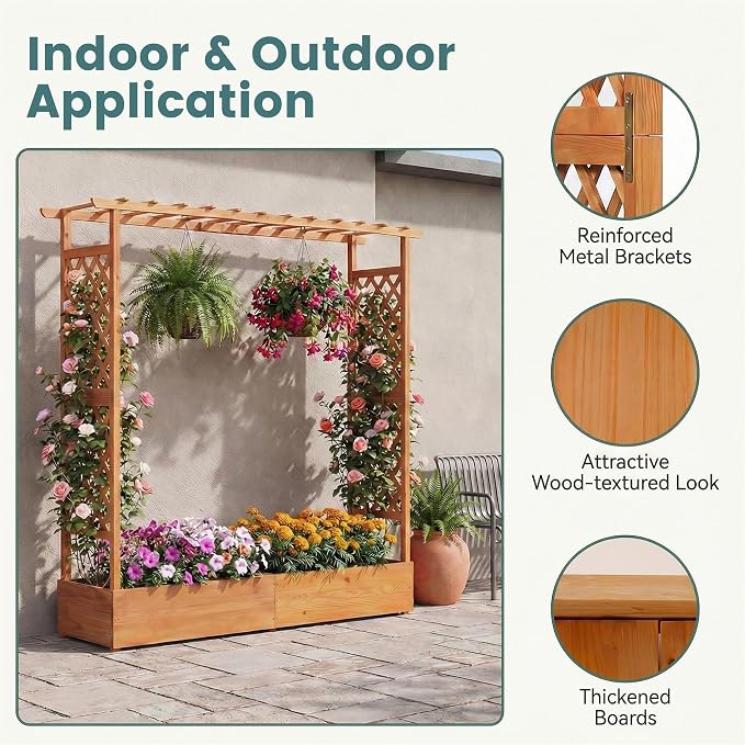 HAPPYGRILL Raised Garden Bed with Trellis, Freestanding Wood Planter Box w/Hanging Roof & Drainage Holes for Vine, Climbing Plants, Flowers, Outdoor Planter with Trellis for Garden, Patio, Yard (1)