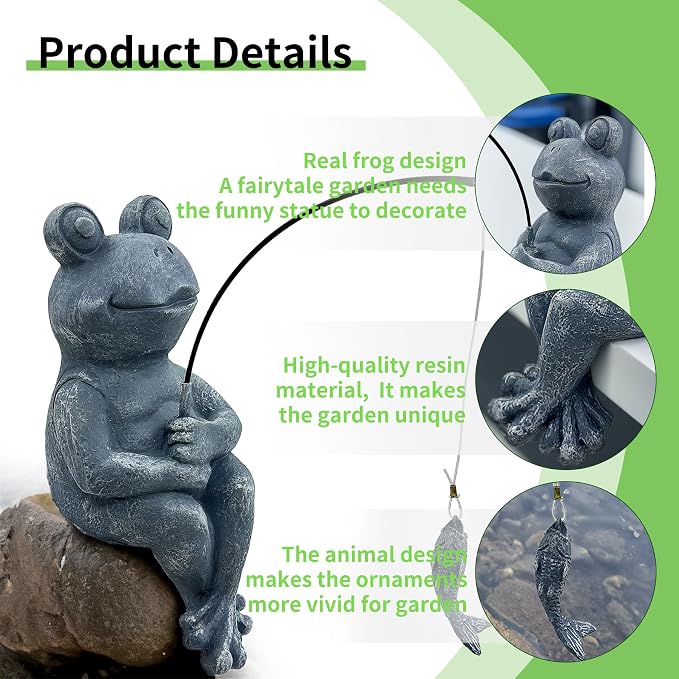 9.5" Frog Fishing Garden Sculptures & Statues, Stone Look Sculpture, Whimsical Lawn Yard Art, Funny Pond Fisherman Statue, Resin Animal Decorative Figurine, for Frog Fishing Lovers