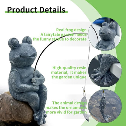 9.5" Frog Fishing Garden Sculptures & Statues, Stone Look Sculpture, Whimsical Lawn Yard Art, Funny Pond Fisherman Statue, Resin Animal Decorative Figurine, for Frog Fishing Lovers