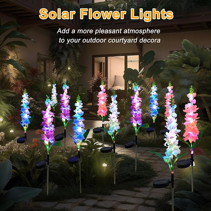 Solar Garden Lights Solar Delphinium Flowers Lights 4 Pack Waterproof Outdoor Light for Outside Wedding Party Garden Yard Patio Lawn Decor 4 Colors Combo