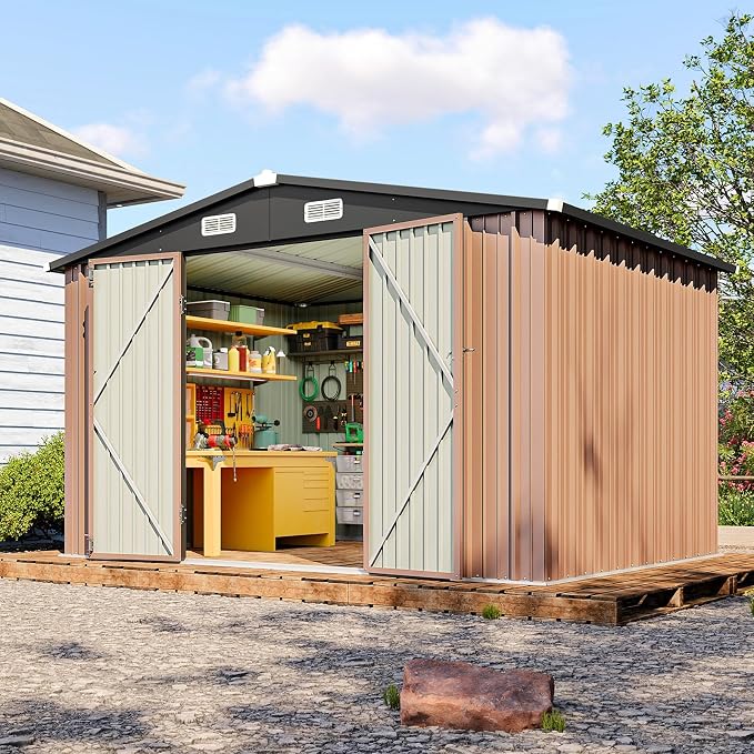 10x8FT Outdoor Storage Shed Brown | Metal Garden Tool Shed with Sloping Roof & Lockable Door for Garden, Patio, Backyard