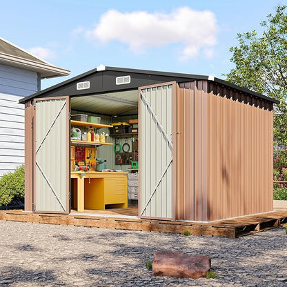 10x8FT Outdoor Storage Shed Brown | Metal Garden Tool Shed with Sloping Roof & Lockable Door for Garden, Patio, Backyard