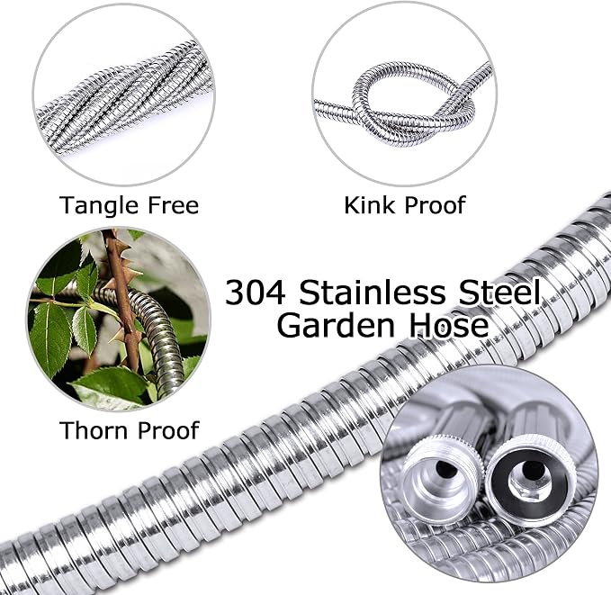 TheFitLife Flexible Metal Garden Hose - Upgrade Leak and Fray Resistant Design, Stainless Steel Water Hose with Solid Fittings and Sprayer Nozzle, Lightweight Kink Free Durable Easy Storage (75 FT)