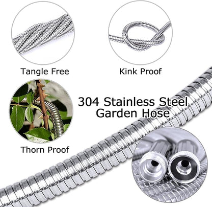 TheFitLife Flexible Metal Garden Water Hose - Upgrade Leak and Fray Resistant Design, Stainless Steel with Solid Fittings and Sprayer Nozzle, Lightweight Kink Free Durable Easy Storage (100 FT)