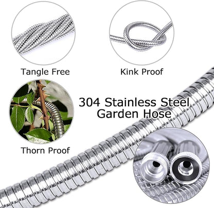 TheFitLife Flexible Metal Garden Hose - Upgrade Leak and Fray Resistant Design, Stainless Steel Water Hose with Solid Fittings and Sprayer Nozzle, Lightweight Kink Free Durable Easy Storage (25 FT)