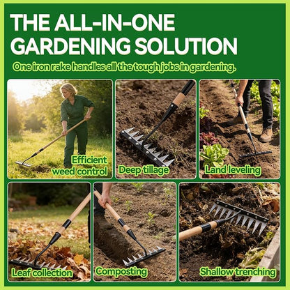 Gardenia 9-Tine Iron Weeding Rake, Heavy Duty Weed Puller for Garden Soil | Carbon Steel, 3 Adjustable Wooden Handle Lengths 31"-63", for Lawn, Yard & Farm Weeding, Soil Loosening, Debris Clearing