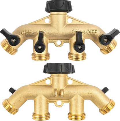 Hourleey Brass 4 Way Heavy Duty Garden Hose Splitter, Water Hose Splitter for 3/4" Hose Connector, Hose Faucet Splitter Hose Spigot Adapter 4 Valves with 4 Rubber Washers & Tape