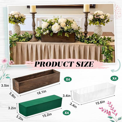 Dandat 4 Set Wood Boxes for Centerpieces 16x4 Inch Rectangle Wooden Planter Box Rustic Wooden Planters with Removable Plastic Liner Floral Foam Blocks for Christmas Wedding Home Garden Decor(Brown)