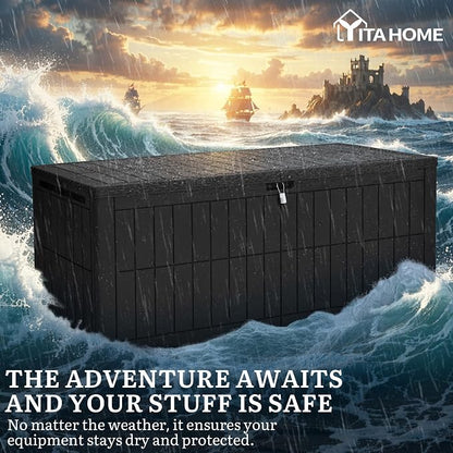 YITAHOME 240 Gallon Large Outdoor Storage Box XXL Resin Deck Box with Lock | Extra-Large Waterproof Patio Furniture Bin and 3-Person Bench Seating for Garden Tools & Pool Accessories, Black