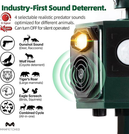 Ultrasonic Animal Repeller Outdoor Solar Powered - Motion Sensor Squirrel Cat Deer Bird Repellent Devices, Dual Horn 5 Animal Sounds, Spinner Reflector for Garden Farm Orchard Protection