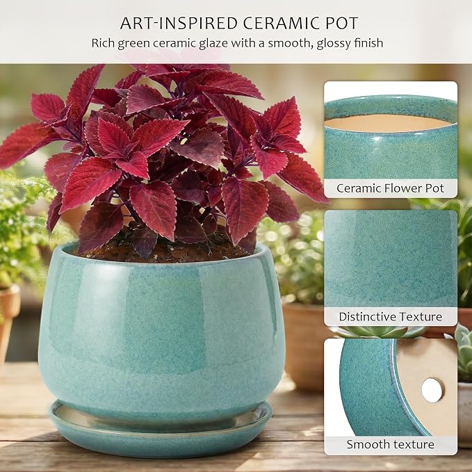 10.3 Inch Ceramic Planter with Saucer,Modern Garden Pots with Drainage Hole Mesh Net, for Indoor Outdoor Use (Blue-Green)