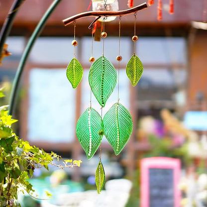 YU FENG 20 Inch Green Stained Glass Wind Chimes with Leaves Outdoor Decor | Handmade Glass Wind Chime, Leaf Forest Ornament, Rainbow Light Effect, Garden Yard Window Hanging Decoration