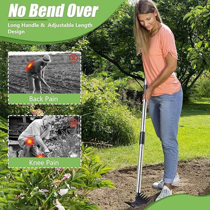 Weed Puller Tool 58" Telescoping, 2-in-1 Adjustable Manual Weeders Garden Hoe & Weed Rake, Long Handle Ergonomic Weeding Tool for Lawn, Garden & Yard Includes Work Gloves