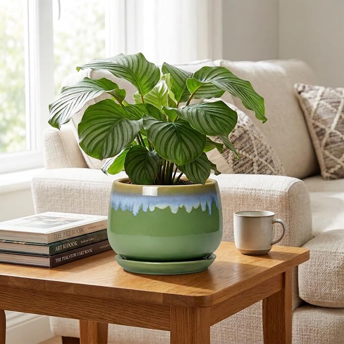 9 Inch Indoor Plant Pots - Ceramic Planters for Indoor Plants, Decorative Planter with Drainage and Saucer, Round Flower Pot, Porch Garden Office Decor, Gardening Gifts for Women, Green-Blue