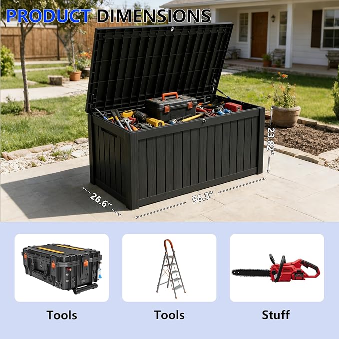 150 Gallon Outdoor Storage Box Resin Deck Box All Weather Waterproof Large Lockable Storage Container Deck Box for Patio Furniture, Garden Tools, Lockable, Black New