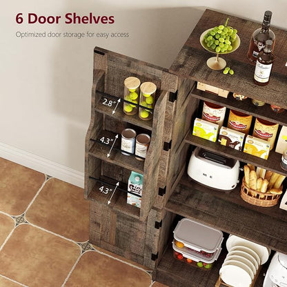 TEENFON Storage Cabinet with 4 Doors, 43.3" H Farmhouse Kitchen Cabinet with 6 Door Shelves, Kitchen Storage Cabinets with Adjustable Shelves, for Living Room, Antique Oak